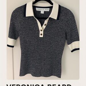Veronica Beard Navy Fitted Ribbed Polo Top